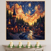 Enchanting 4th of July Village with Fireworks and Swirling Starry Sky, Glowing Cottages and Flags in a Whimsical Nighttime Celebration of Light and Freedom on Ready to Hang 1.5" Thick Canvas Wrap, Floating Framed Canvas, Flat Rolled Canvas